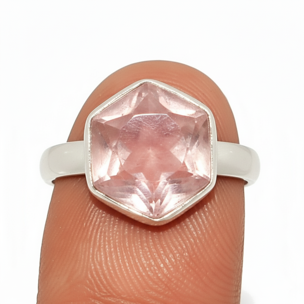 Rose quartz rings (white metal)